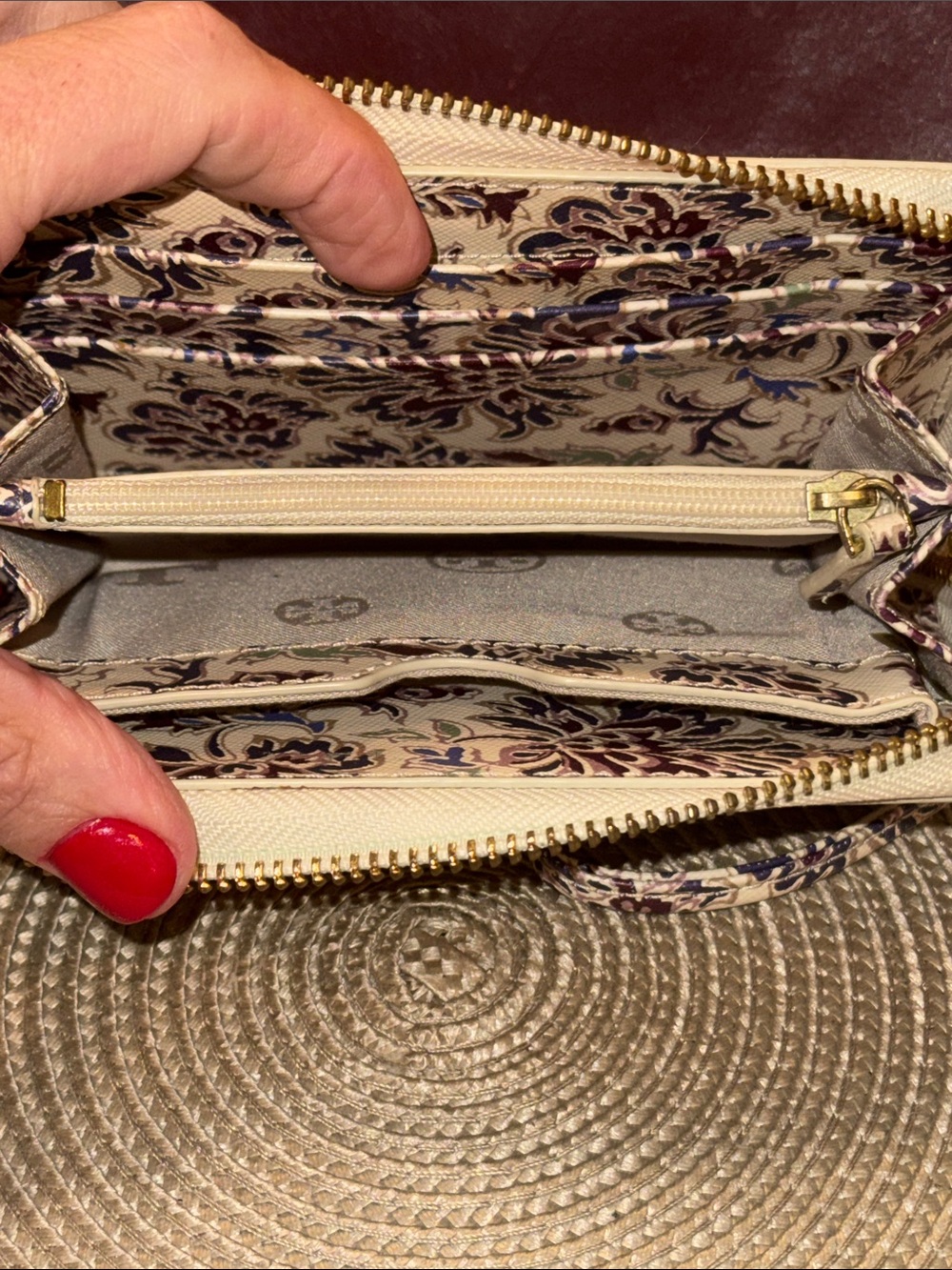 Tory Burch Floral Zip Wristlet in Cream, Burgundy and Navy - Picture 5 of 9